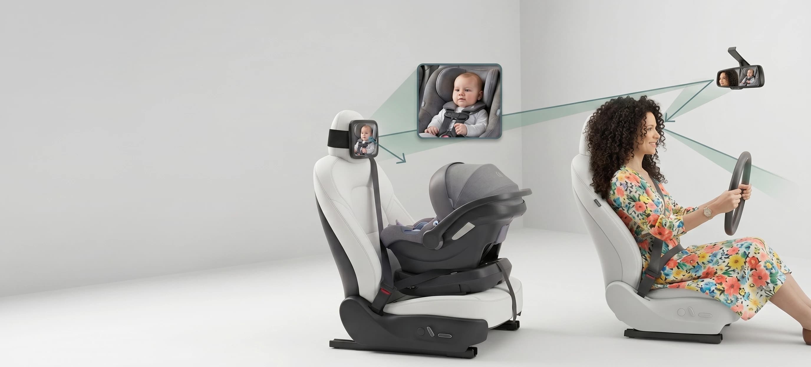 Driver sees her baby through the Leo&Ella car mirror reflected in her rear-view mirror