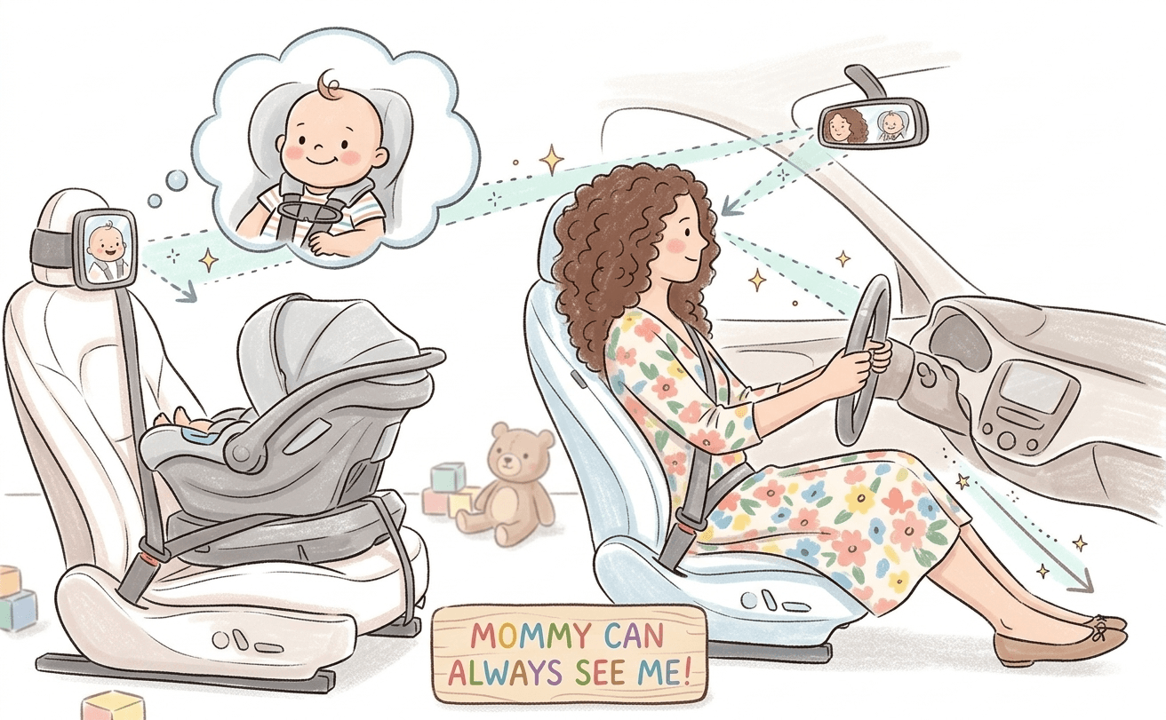 A child's drawing of mom driving while she sees her baby in the back through the Leo&Ella mirror: 'Mommy can always see me!'