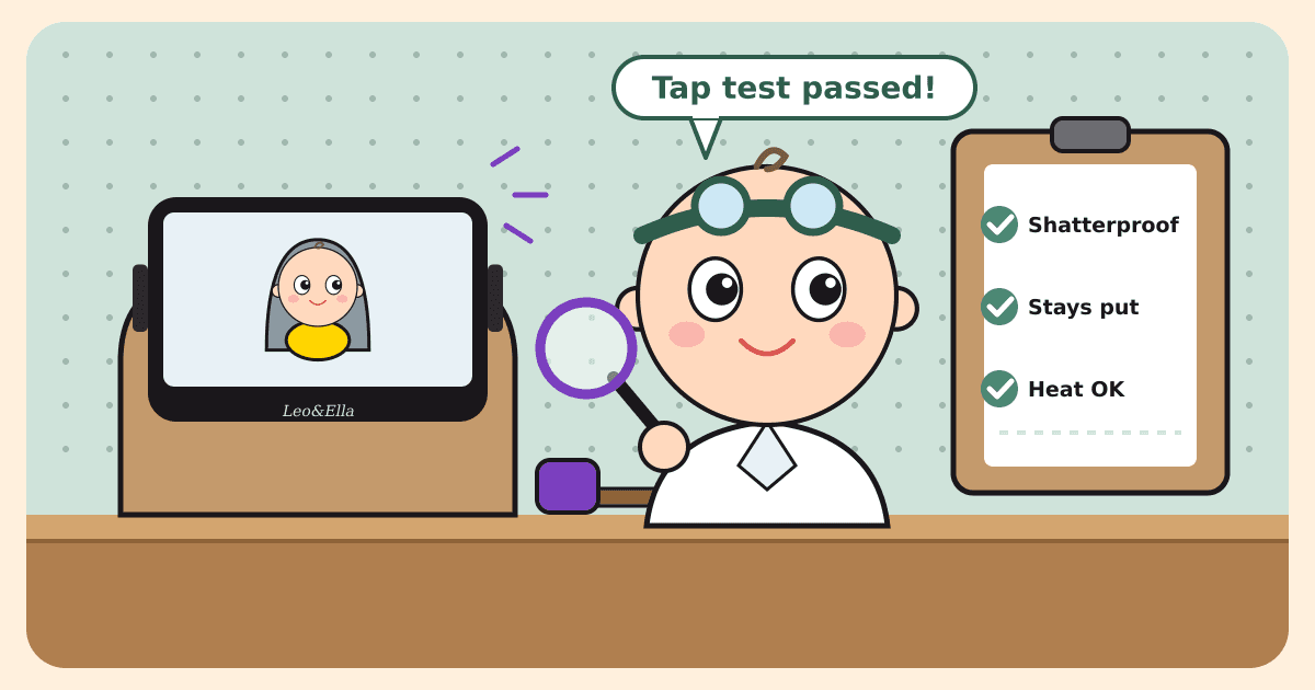 Illustrated caricature of a big-headed baby in goggles and a lab coat holding a magnifying glass up to a baby car mirror on a headrest, with a clipboard checklist reading Shatterproof, Stays put and Heat OK and a speech bubble saying Tap test passed!