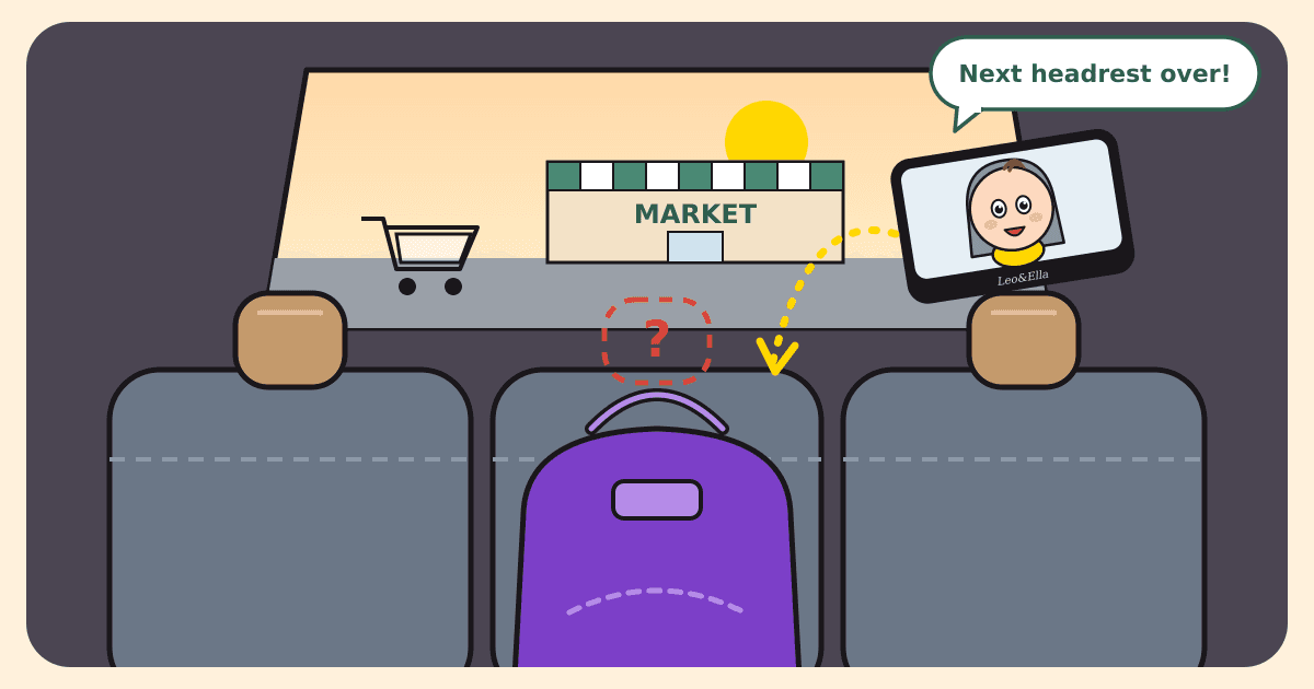 Illustrated caricature from the front seat of a back bench at a shopping-center parking lot: a purple rear-facing car seat in the middle with a dashed question-mark outline where its headrest should be, and a tilted baby car mirror on the right headrest showing a cheering baby, with a speech bubble saying Next headrest over!